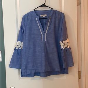 LOFT Chambray & Floral Appliqué Blouse (M)
